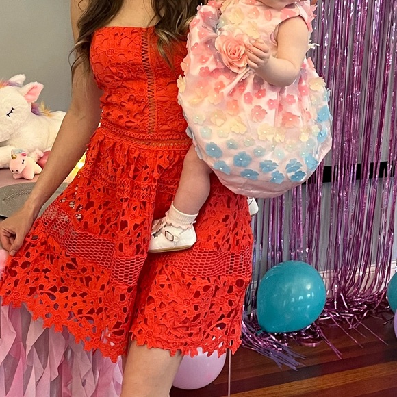 Crochet floral embroidered strapless flare dress Romeo+Juliet XS coral red - Picture 10 of 10